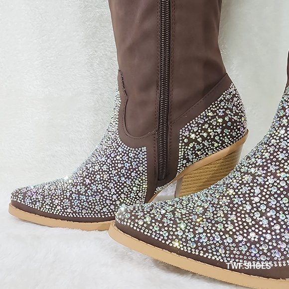Crystal Dark Brown Multi Rhinestones Country Glam Western Cowgirl Knee Boots - Picture 10 of 17